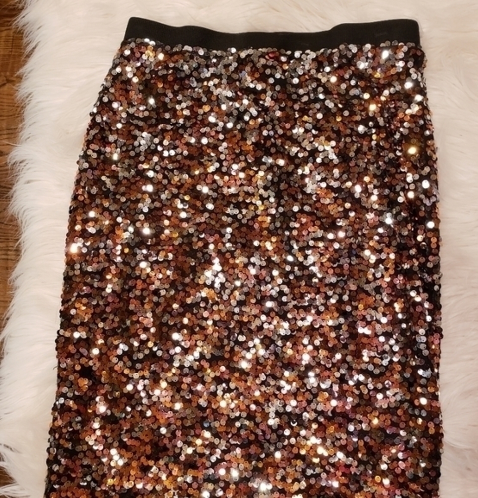 H&M  BRONZE SILVER SEQUIN PENCIL‎ SKIRT Size Medium